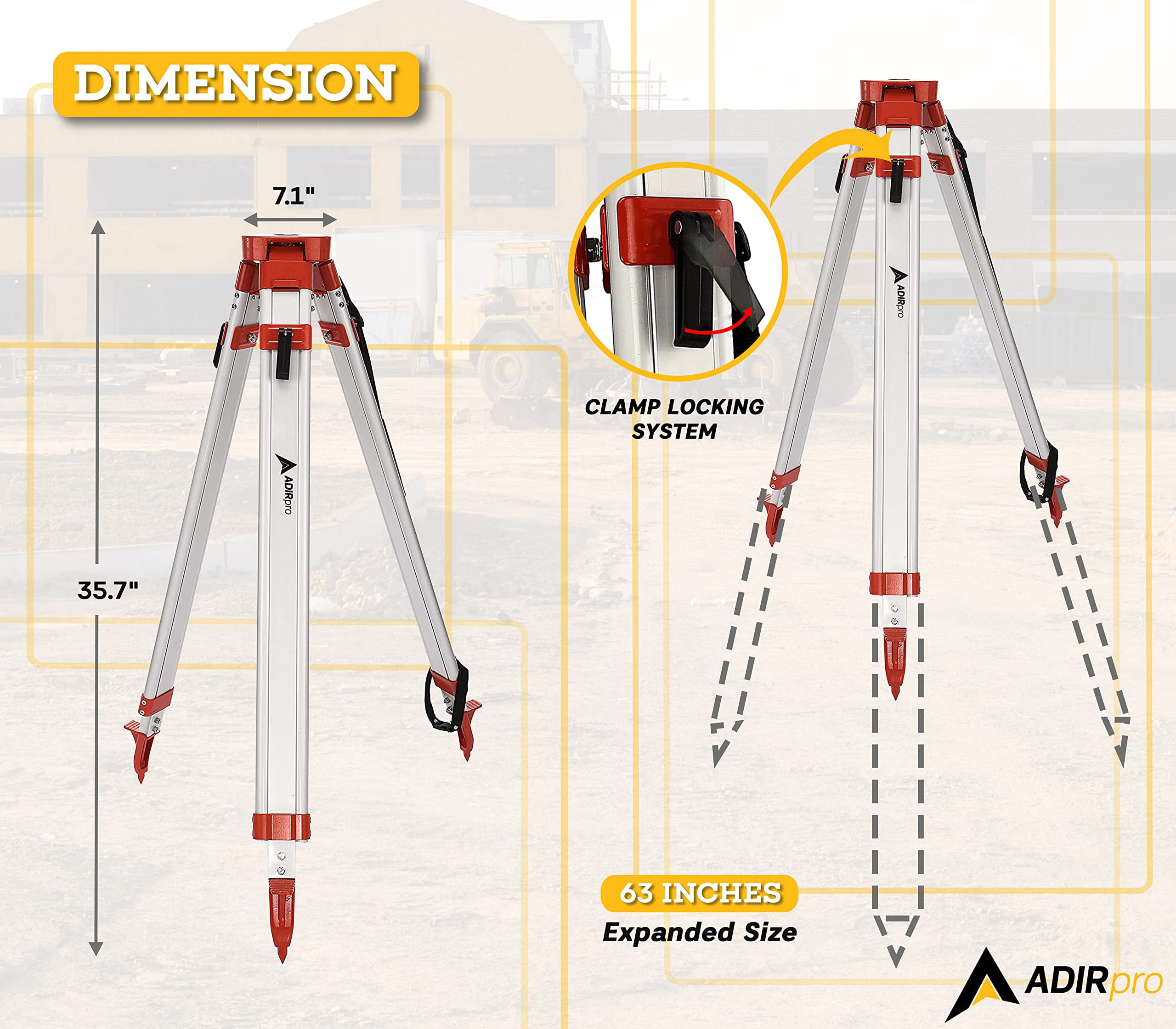 AdirPro Universal Survey Tripod – Laser Level Tripod – Transit Level Tripod - Quick Clamp - Heavy Duty Contractor Tripod 5/8” x 11” Thread (Orange Aluminum)