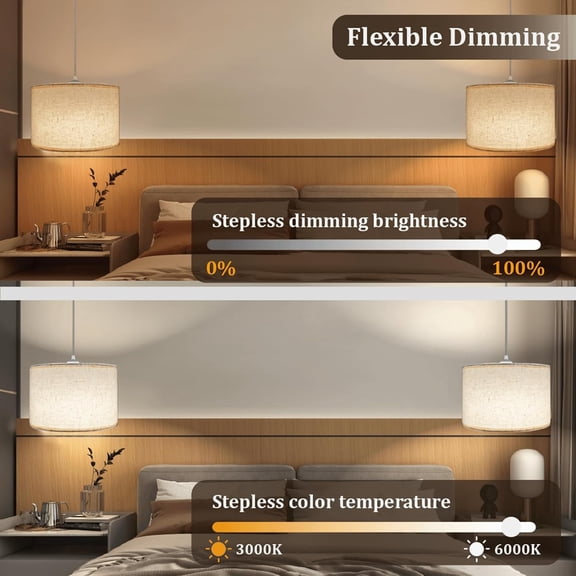 2-Pack Hanging Pendant Lights with Remote – 15ft Plug-In Cord, Beige Lamp Shades, Easy Install Ceiling Lighting for Bedroom, Kitchen & Living Room
