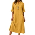 thumbnail image 5 of SAWOBUUN Womens Washed Cotton Blend Midi Dress Button V Neck Half Sleeve Casual Loose Summer Dress with Pockets, 5 of 6