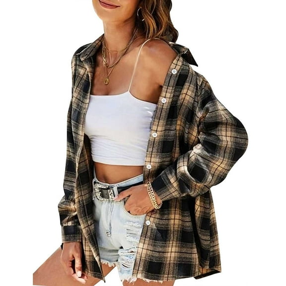 Light Weight Jacket Womens Plaid Flannel Shirts Loose Fit Boyfriend Button Down Lapel Shirt Fall Jacket