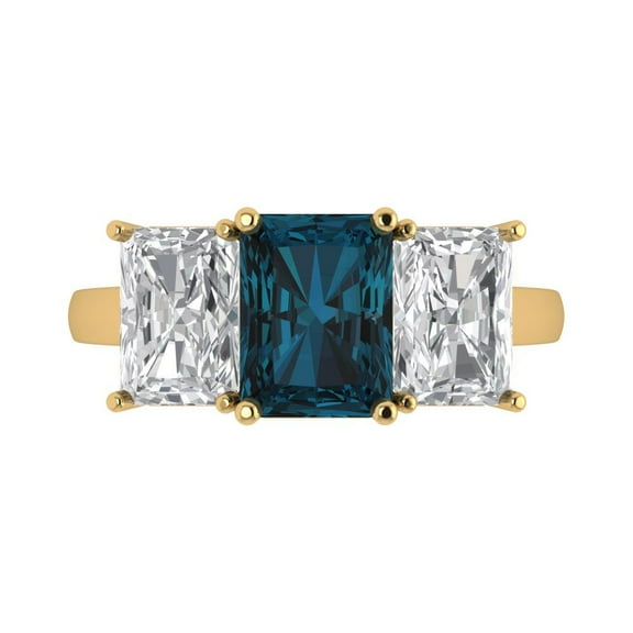 Three-Stone Engagement Ring for Women - 4ct Natural London Blue Topaz in 14K Yellow Gold Promise Ring