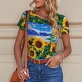 thumbnail image 6 of KLL Women 's Crew Neck Bodysuit Jumpsuits Landscape With Sunflowers Print Short onesies Stretch T Shirts, 6 of 7