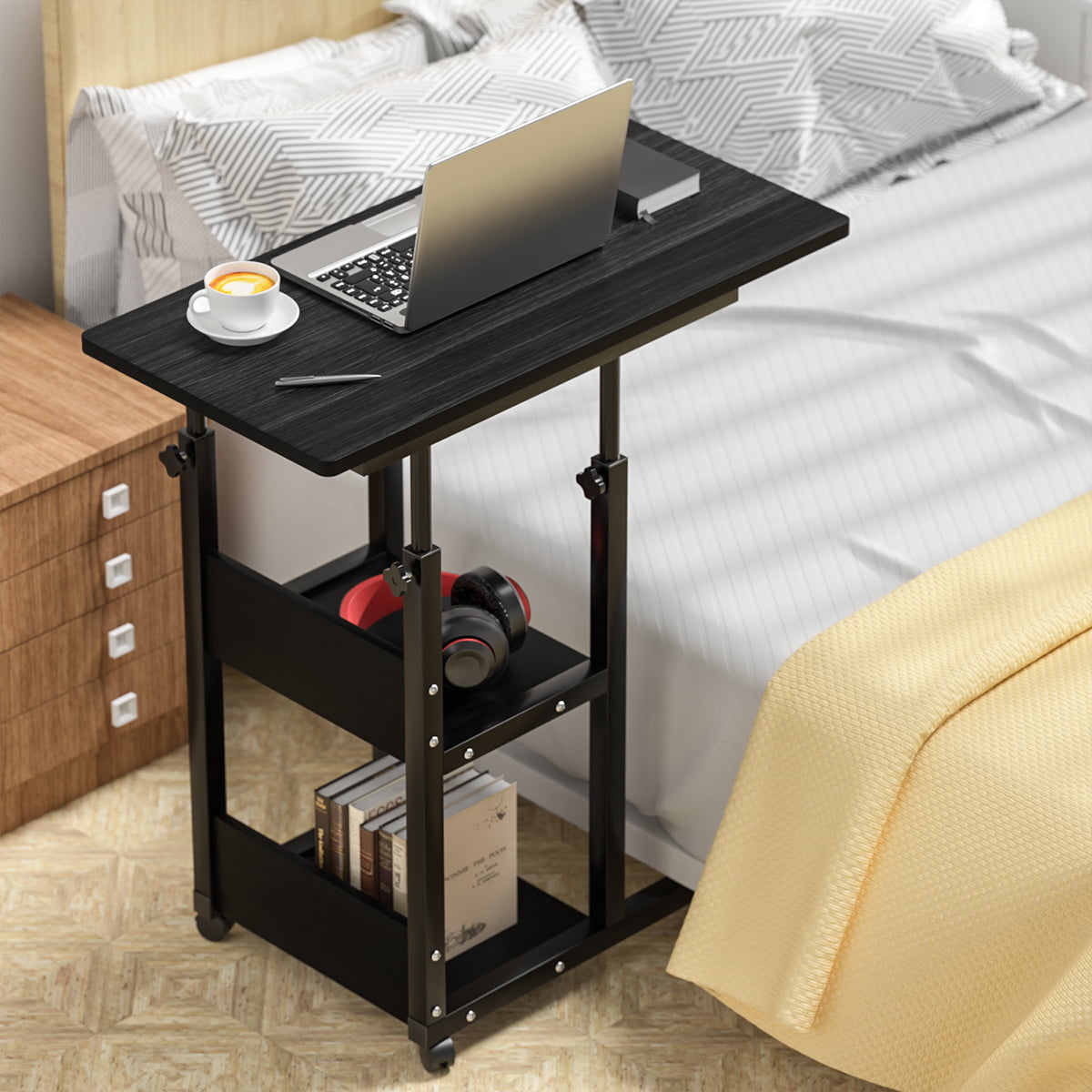 Mobile End Table Height Adjustable Bedside Table Laptop Rolling Cart w/ Shelves 