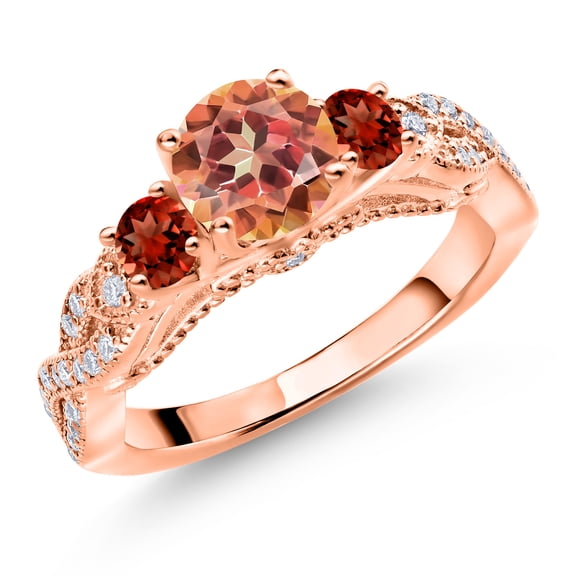 Gem Stone King 18K Rose Gold Plated Silver Ecstasy Mystic Topaz Red Garnet and White Moissanite Engagement Ring for Women (1.57 Cttw, Gemstone, Round 6MM and 3MM, Size 9)
