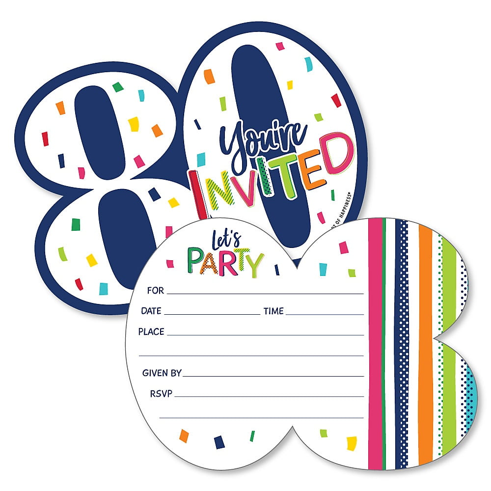 80th Birthday - Cheerful Happy Birthday - Shaped Fill-In Invitations - Colorful Eightieth Birthday Party Invitation Cards with Envelopes - Set of 12