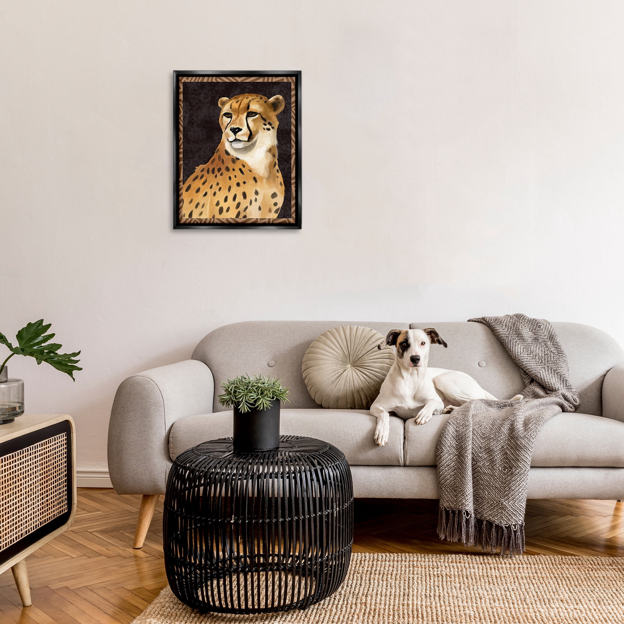Stupell Industries Leopard with Geometric Border Animals & Insects Painting Black Floater Framed Canvas Art Print Wall Art, 25 x 31