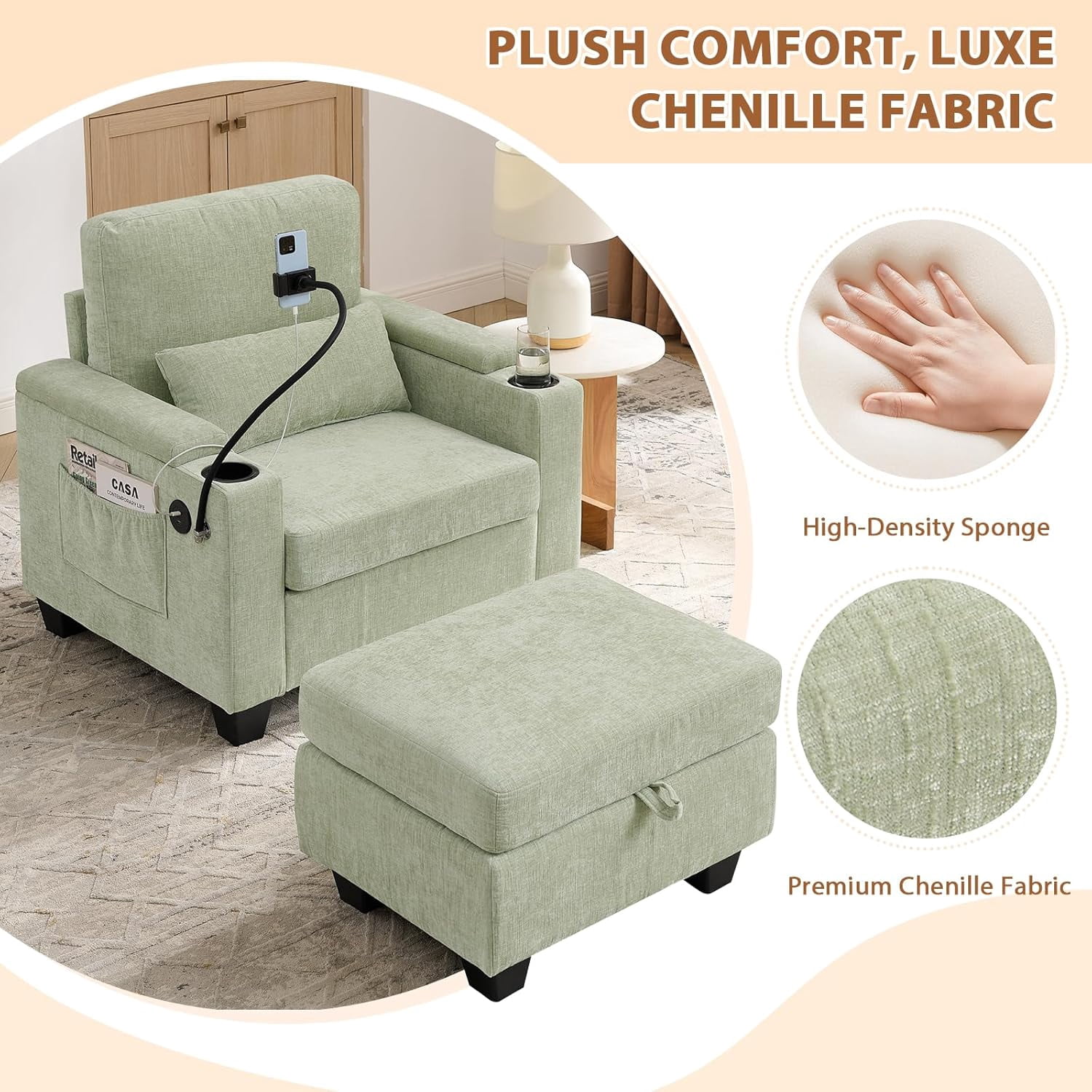 MOONMISS Oversized Chaise Lounge Chair Indoor, Single Convertible Recliner Reading Arm Sofa Chair W/Adjustable Backrest & Charging Port Couch Bed for Living Room, Home Theater & Bedroom,Green