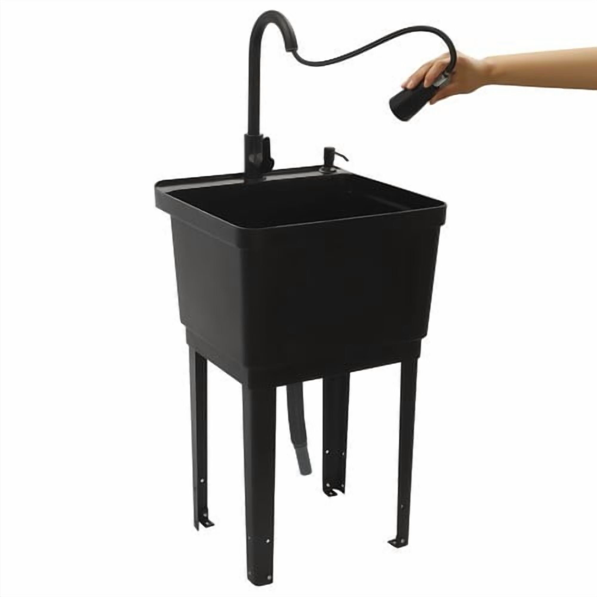 Utility Sink with 360° Rotatable Faucet & Pull Out Sprayer 19.6" L x 19" W x 35" H Freestanding Laundry Tub Sink Single Bowl Kitchen Sink for Laundry Room Bathroom Farmhouse (Black)