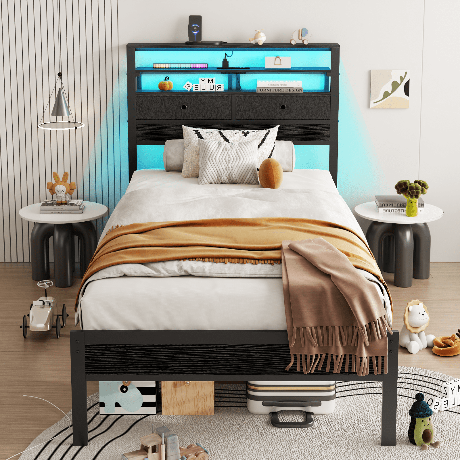 Satifur Twin Size Bed Frame with 2 Storage Drawers Headboard, LED & Charging Station, Black Oak