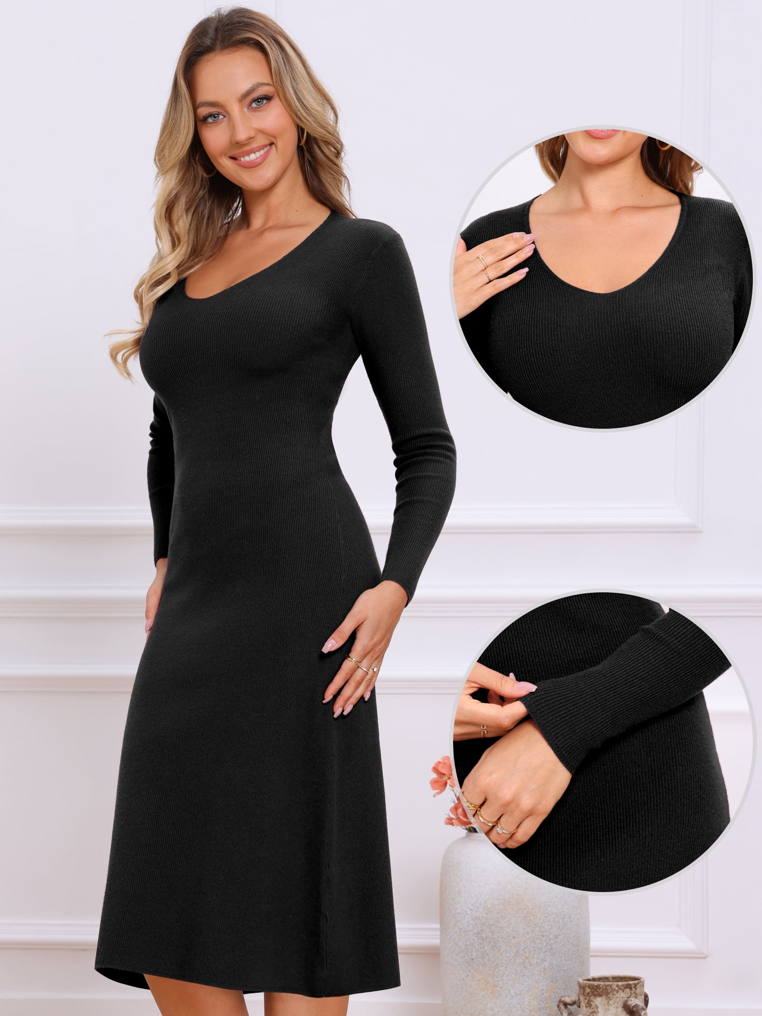 DARING DIVA Women's Sweater V Neck Long Sleeve Ribbed Knit Midi Dress L Black