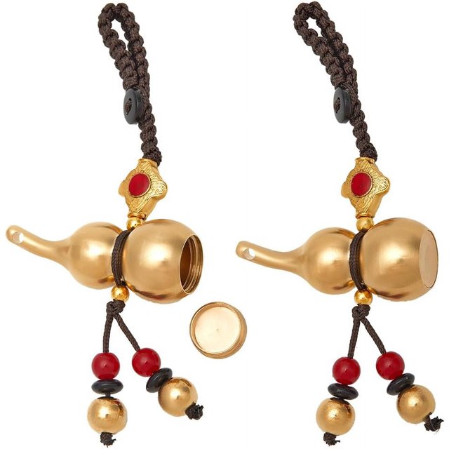 2 llaveros de calabaza Wu Lou de latón, llavero chino Hulu, llavero de calabaza dorada de latón con cuenta Bodhi, colgante decorativo para coche, bolso, medallón, llavero.