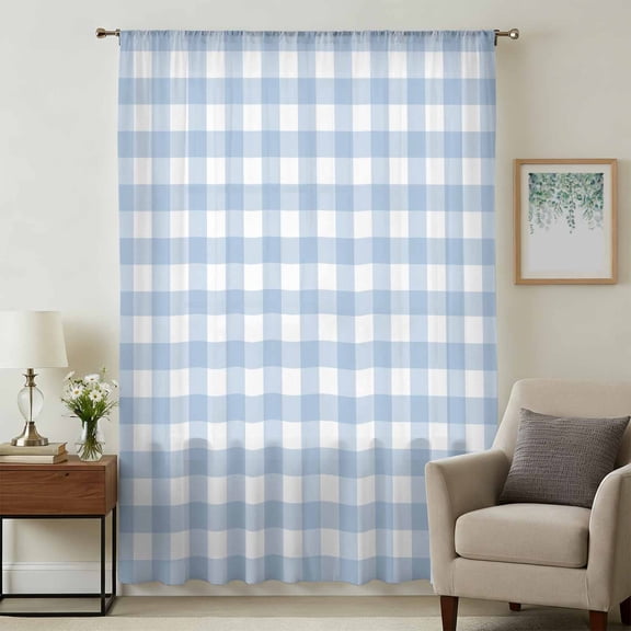 Light Blue Plaid Sheer Curtains 45 Inches Long, Modern Minimalist Country Light Filering Curtains, Breathable Simi Curtain Privacy Drapes for Kitchen Bathroom Lightweight Small Window Treatment