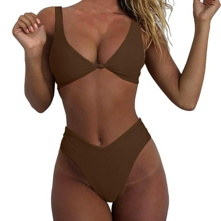 Penkiiy Women s Sexy Thong Bottom Two Piece Bikini Double Shoulder Straps Cute Swimsuit Triangle Bathing M Brown
