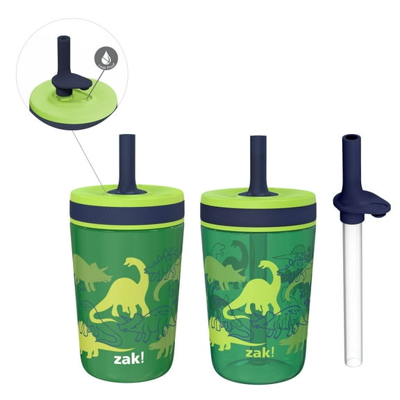 Zak Designs 12oz and 15oz Kelso Straw Tumbler Set, 12oz Stainless Steel and 15oz Plastic, 2 Cups and 1 Bonus Straw, Leakproof and Perfect for Kids, Dino Camo