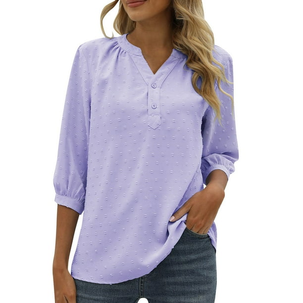 Blusa de verano con cuello en V y mangas 3/4 con lunares para mujer - Túnica con botones - Cintura fruncida favorecedora - Tallas S-XXL para uso informal/de oficina