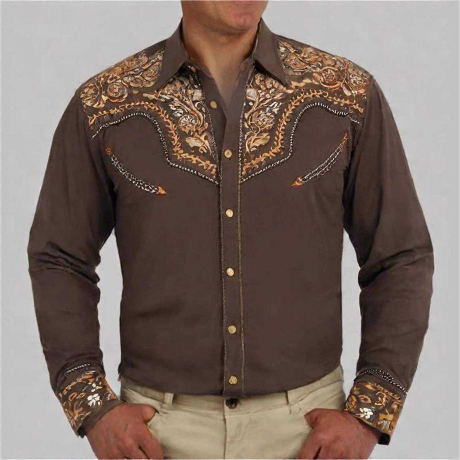 Chemise Cowboy Pour Homme - Imprimé Western Rétro - Coupe Ajustée Manches Longues - Pour Fêtes, Mariages Haut Cowboy Pour Fête Déguisement