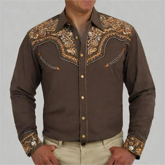 Men's Embroidered Western Cowboy Shirt Long Sleeve Snap Button Down Casual Slim Fit Shirt with Pockets