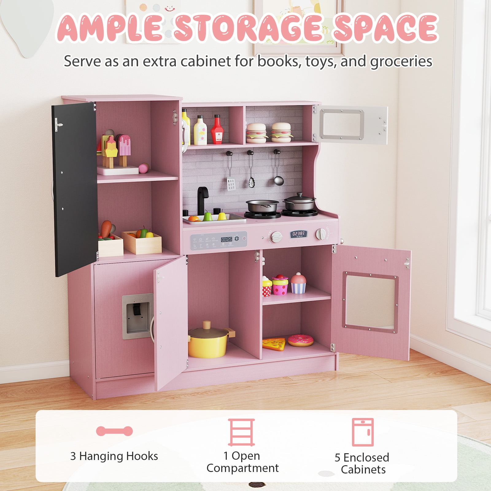 キッズ用ピンク色キッチン Gymax Play Kitchen Toy Set w/ Chalkboard Oven Sink Curtain