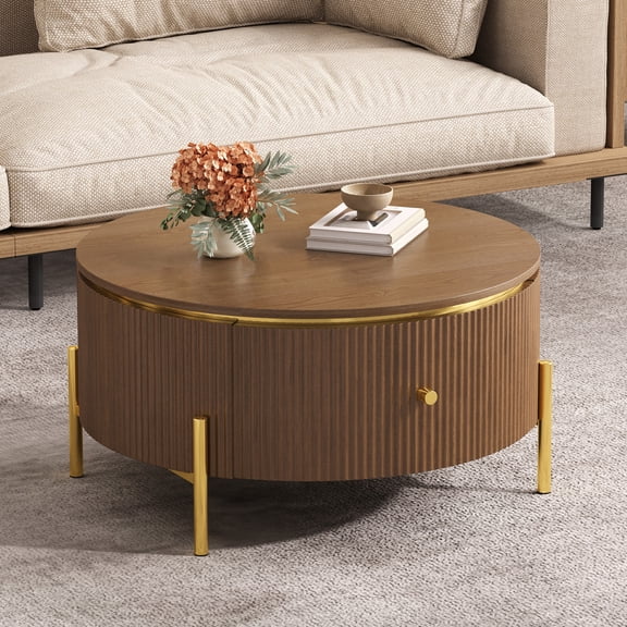 Modern Round Coffee Table with Storage, 31.5" Coffee Table with 2 Large Drawers, Marble Pattern Accent Table with Gold Legs for Living Room,Brown