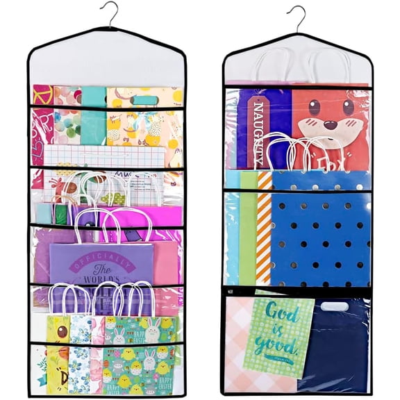 Hanging Double Sided Gift Bag Storage Organizer with Multiple Front and Back Pockets - Organize Your Gift Wrap, Tissue Paper, and Paper Bags 38 x 16 Inch PVC (Full Black)