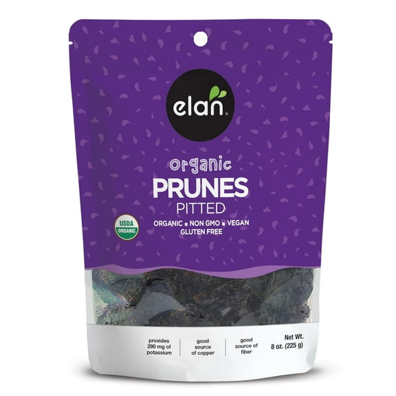 Elan Organic Pitted Prunes, STF9 7.9 oz, Natural Dried Fruit, No Sugar Added, Sulphite-free, Non-GMO, Vegan, Gluten-Free, Kosher, Healthy Snack, Dried Plums