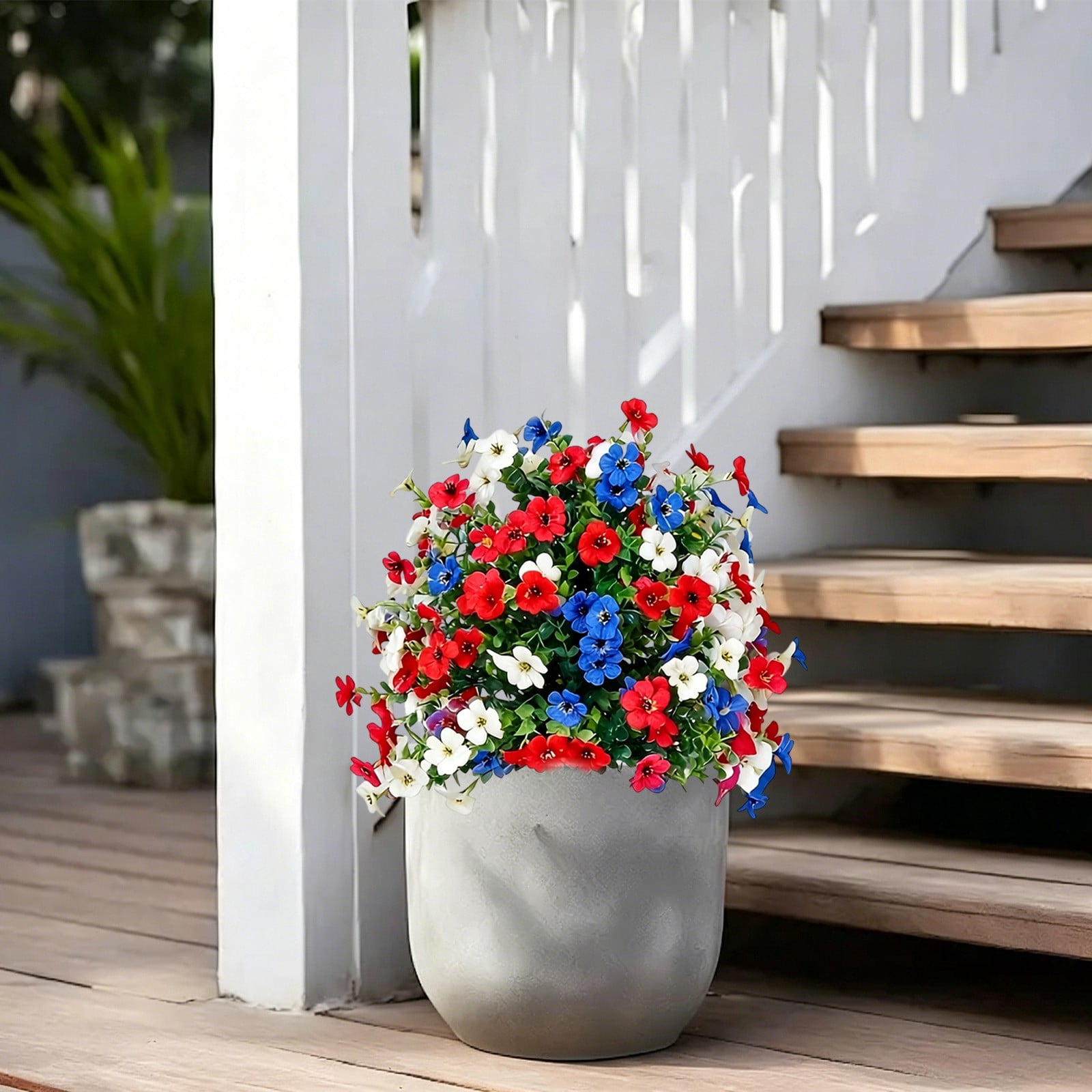 Brenberke 2Pcs 17" Patriotic Artificial Flowers with Ground Spike, UV Resistant Red White Blue Faux Silk Flowers, No Fade Outdoor Grave Garden Porch Decor for 4th of July Memorial Day Veterans Day