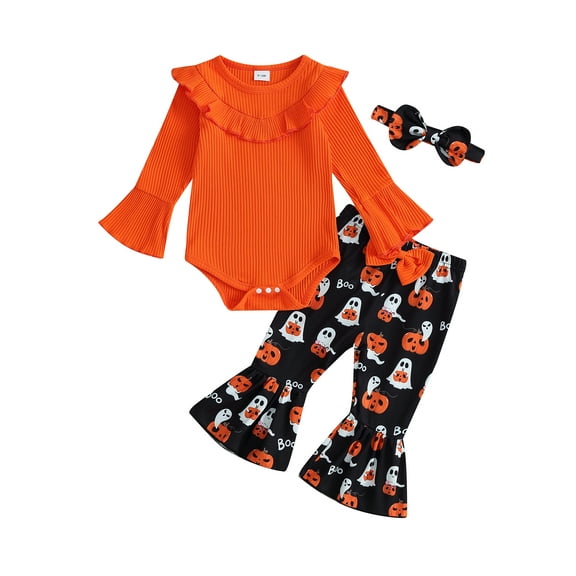Wassery Baby Girls Halloween Clothes Long Sleeve Ribbed Romper Ghost Pumpkin Print Flared Pants Headband 3 6 9 12 18 Months Newborn Fall Winter Outfits Set