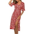 thumbnail image 1 of Summer Dress Saving! Dresses for Women Knee-length Casual Print Dress V-Neck Short Sleeve Loose Dress Red S, 1 of 5