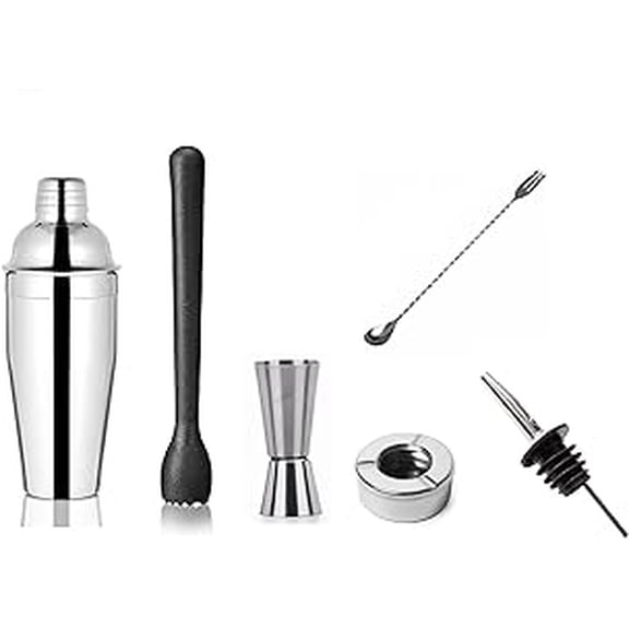 iKonbi Stainless Steel 6 Pcs Professional Bar Set- Cocktail Shaker 750ml, Tall Peg Measure30/60, Fork Bar Spoon, Wine Pourer, PVC Muddler Black, Lid ash Tray