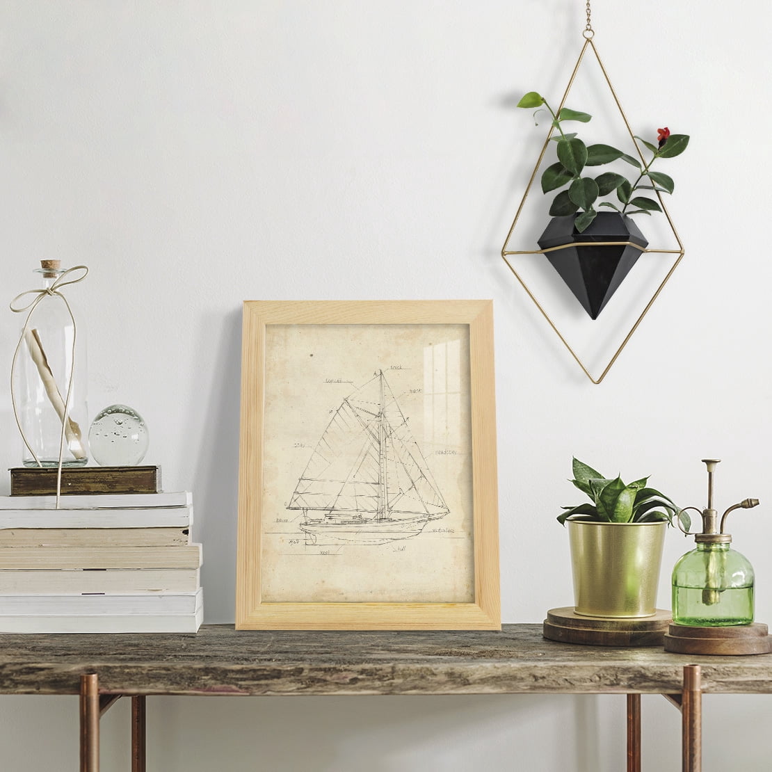 Sailboat Blueprint III -Framed Print w/glass-Natural Wood