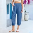 thumbnail image 6 of Capri Pants for Women Linen Barrel Petite Pants High Waisted Pull On Elastic Waist Casual Summer Capris Beach Vacation Trouser Blue L, 6 of 6