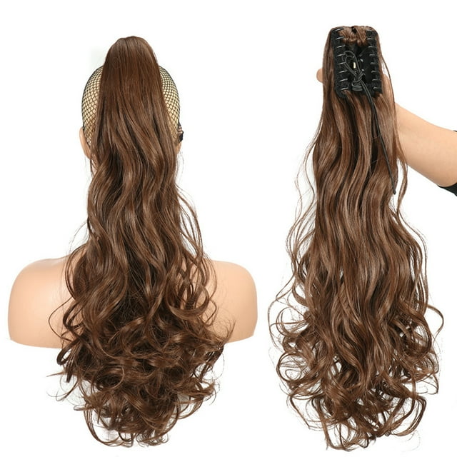 Perruque Bouclée pour Femme Queue de Cheval avec Pince Griffe Extension de Cheveux Ondulés de 22 Pouces de Long Perruques en Fibre Synthétique Résistantes à la Chaleur Prise Forte et Fixation Sécurisée