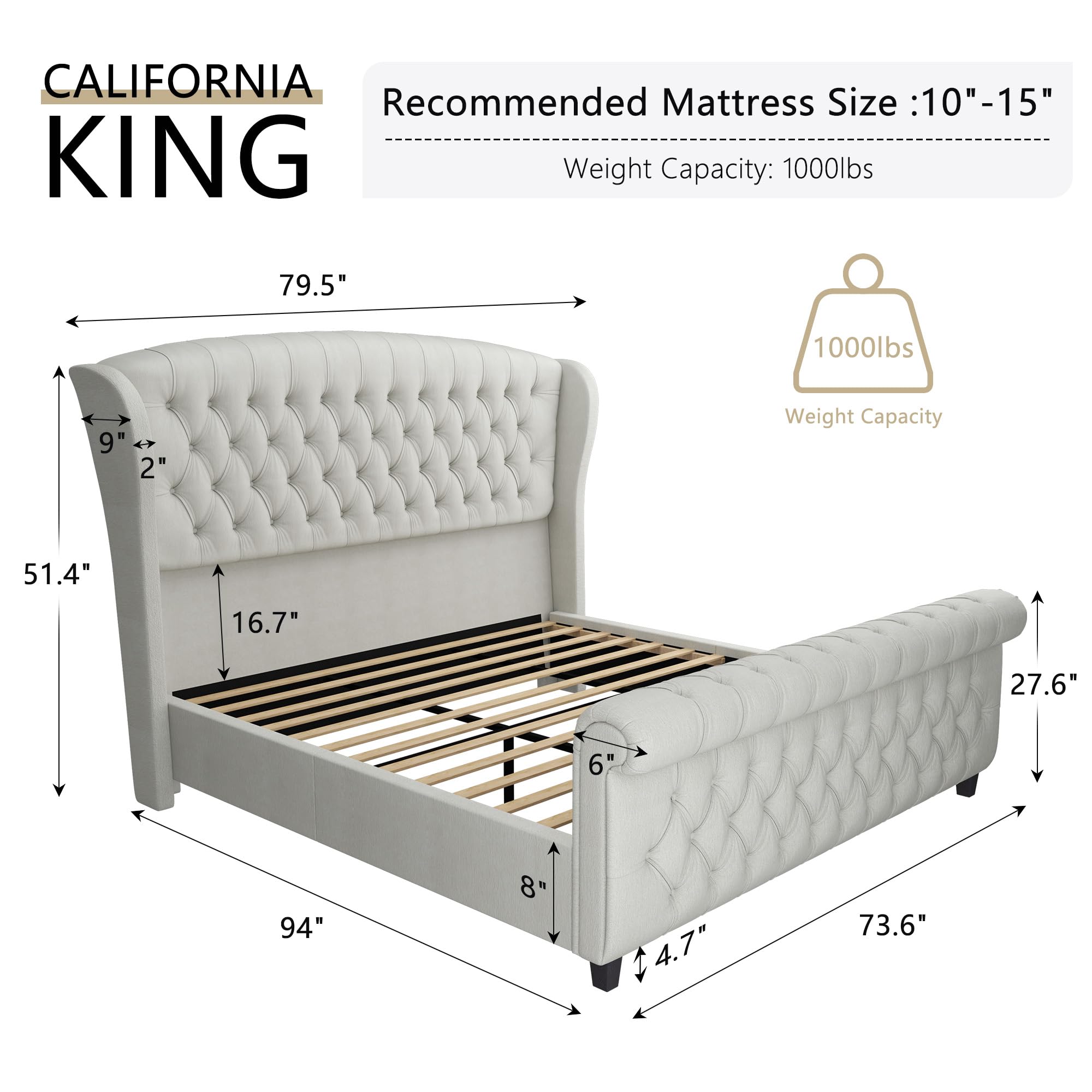 VanAcc California King Size Platform Bed Frame, Velvet Upholstered Sleigh Bed with Scroll Wingback Headboard & Footboard/Button Tufted, Cream