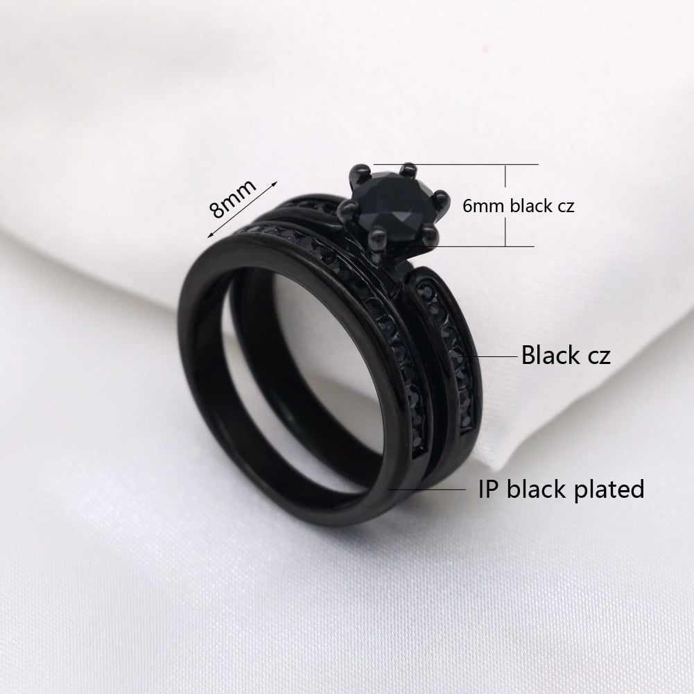 2 Matching Rings Couple Ring Black Gold Plated 1CT CZ Women Wedding Ring Sets Men Ring
