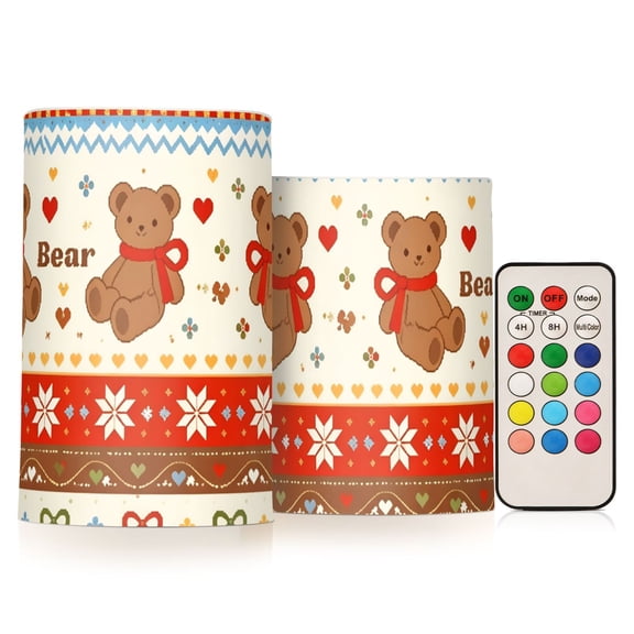 Bow Bear Flameless Candles Flickering with Remote and Timer Battery Operated LED Pillar Candle Set of 2