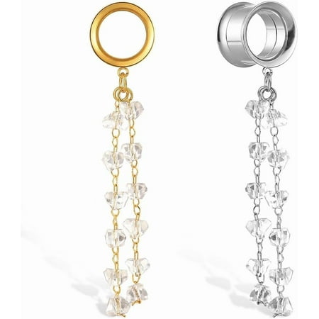 1 Quality Pair saddle gauges crystals chain Dangle earrings Ear Tunnels Plugs 316 Stainless Steel Ear Weight Plugs Hypoallergenic expander Piercing Body Jewelry[j527]