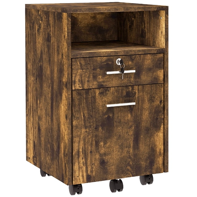 Classeur à Roulettes à 2 Tiroirs Brun Rustique - Rangement de Bureau Verrouillable pour Format A4/Letter - Armoire Compacte pour la Maison et le Bureau - 15,7 Pouces x 15,4 Pouces x 25,6 Pouces