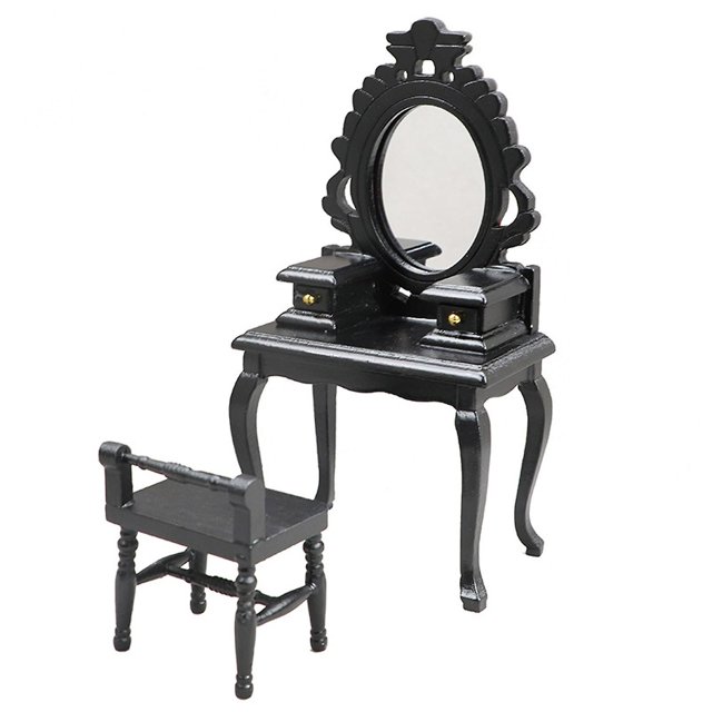 Black Cómoda en miniatura, taburete de tocador Vintage, casa de muñecas, decoración de casa de juegos 1:12