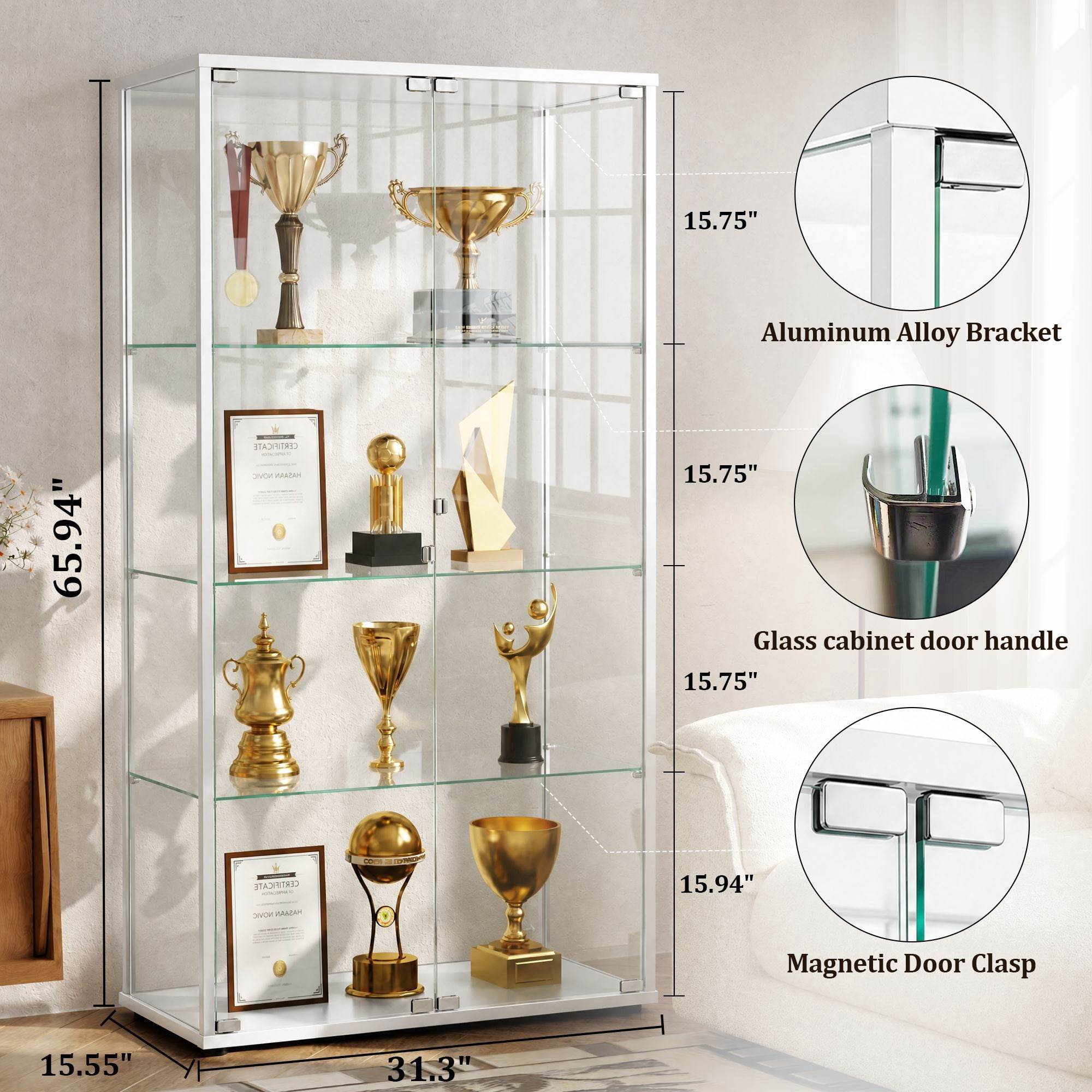 Clarvion 66" Display Cabinet with Glass Door, 4-Tier Tempered Glass Curio Cabinet, Double Door Display Case for Collectibles, White