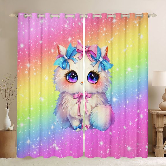 Feelyou Cartoon Bow Kitten Curtains Pack of 2 (42x84 Each), Cute Cat Animal Lover Curtains Blackout, Dreamy Stars Starry Sky Bedroom Curtains, Window Curtains Decor