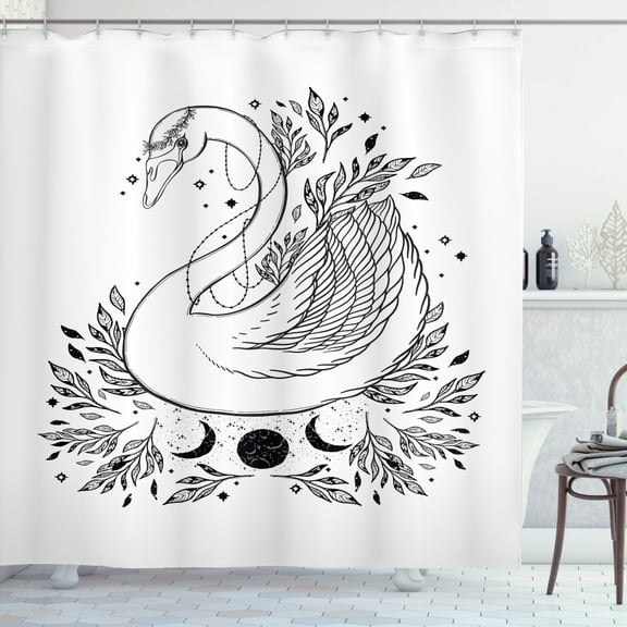 Swan Shower Curtain, Mystic Art Leafy and Moon Ornamental Bird in Outline Style Print, Fabric Bathroom Set with Hooks, 69W X 75L Inches Long, Charcoal Grey and White, by Ambesonne