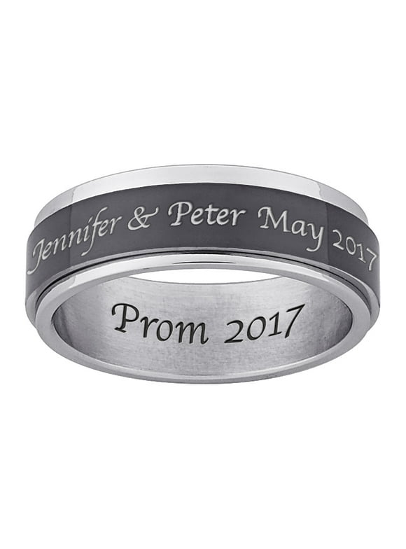 Personalized Planet Men's Inside and Top-Engraved Spinner Ring in Black and White Stainless Steel ,Women's