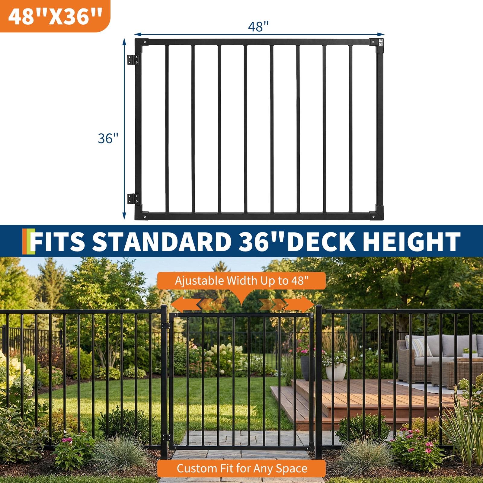 Huisuilinss Deck Fence Gate Outdoor,Metal Gate,Adjustable Deck Gate (Up To 48" Wide) With Hinges & Latch Included,Outdoor Gate For Yard Porch Stairs Garden Patio