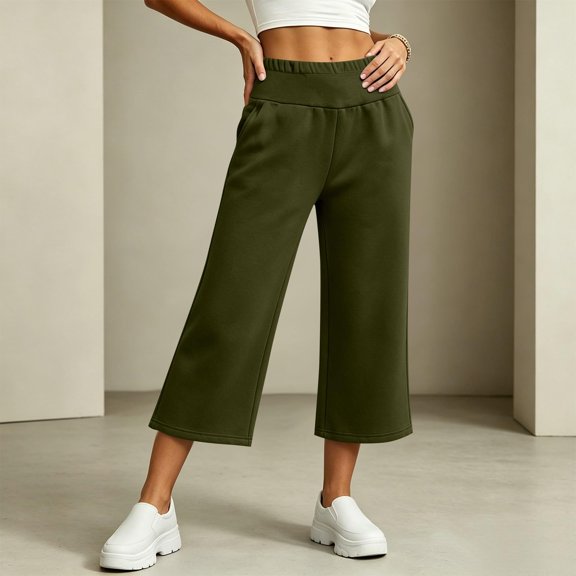 Endives Capri Pants for Women High Waist Stretchy Pull On Loose Walking Pants With Side Pockets Lightweight Straight Leg Crop Pants