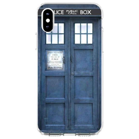 DistinctInk Clear Shockproof Hybrid Case for iPhone X / XS (5.8" Screen) - TPU Bumper, Acrylic Back, Tempered Glass Screen Protector - TARDIS Call Box Photograph