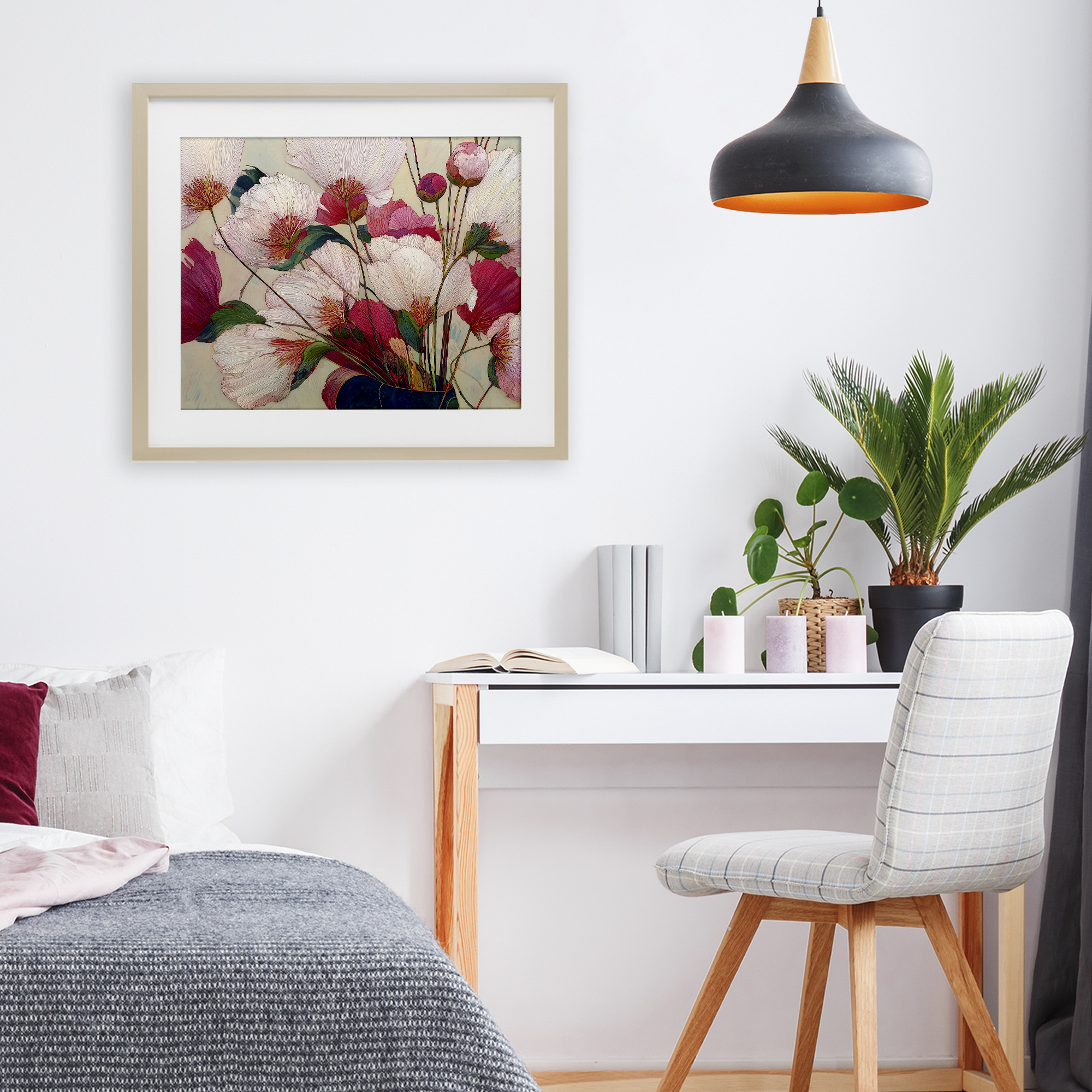 Lush Haiku Pink & White Flowers Birch Framed Print Under Glass, design by Annabelle Hall