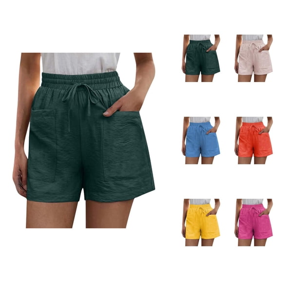 Shorts for Women 2026 Summer Elastic Waist Drawstring Cotton Linen Wide Straight Leg Casual Shorts with Deep Pockets