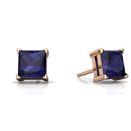 Paris Jewelry 24k Rose Gold 2 Ct Square Cut Blue Sapphire Stud Earrings Plated