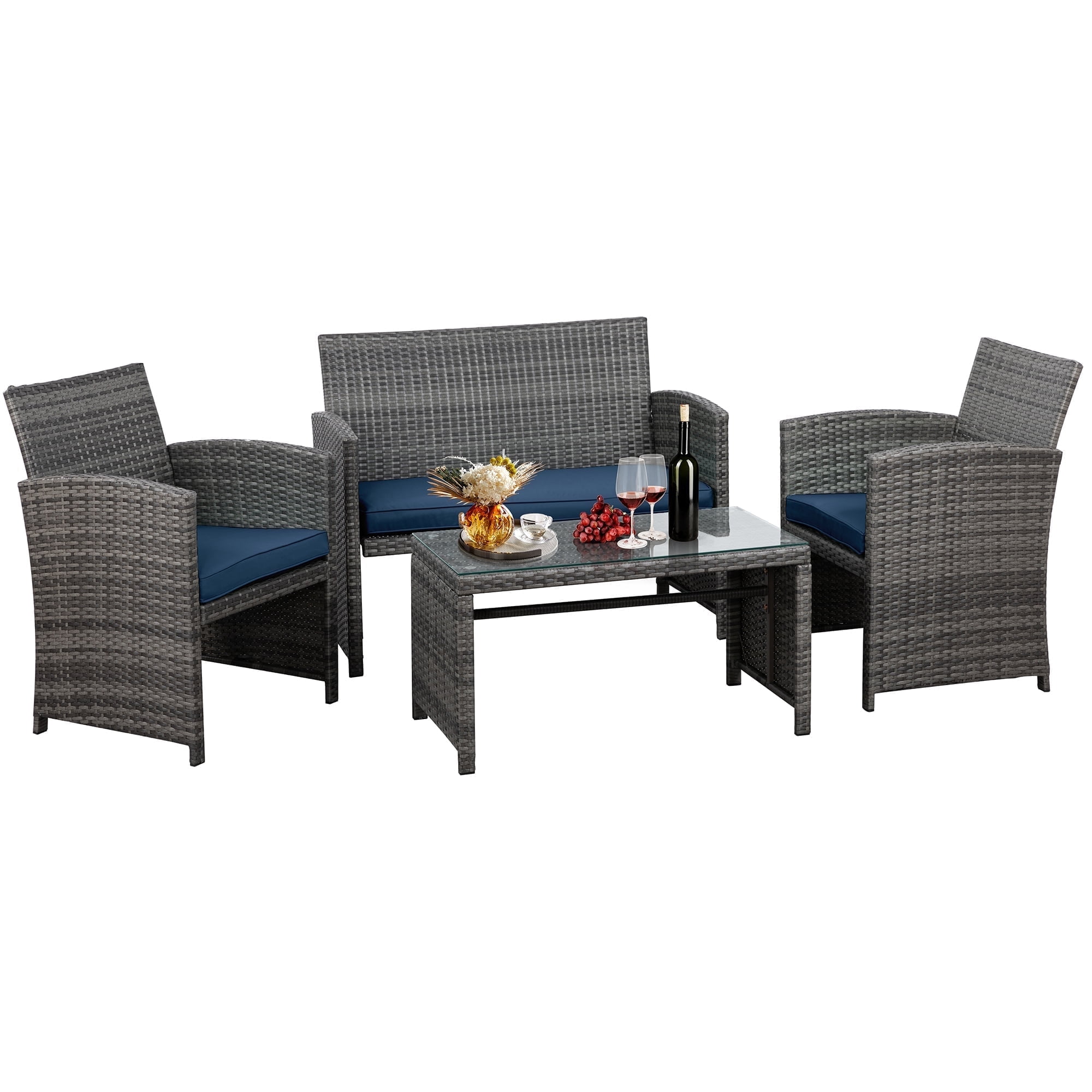Walsunny 4-Piece Patio Rattan Furniture Set with Cushions & Tempered Glass Tabletop, Dark Blue