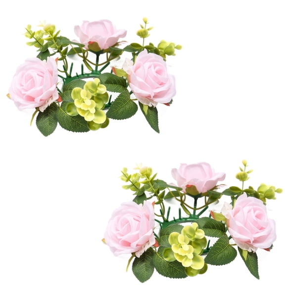Artificial Rose Candle Ring Wreaths, Faux Floral Silk Flower 2 pcs Table Centerpiece Dining Room Wedding Ceremony Event Home Desktop Shelf Votive Holder Decoration Pink